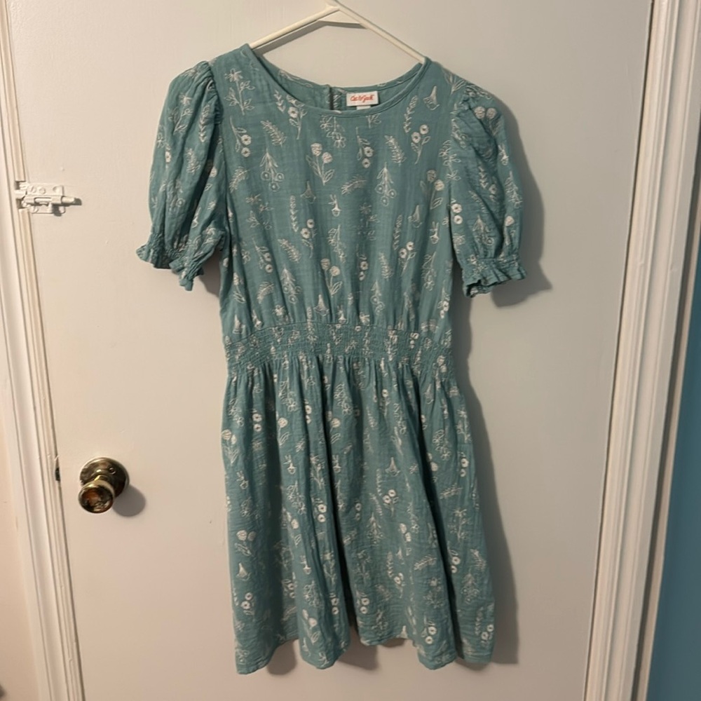 Cat & Jack girls XL 14/16 short sleeve cotton dress blue white flowers